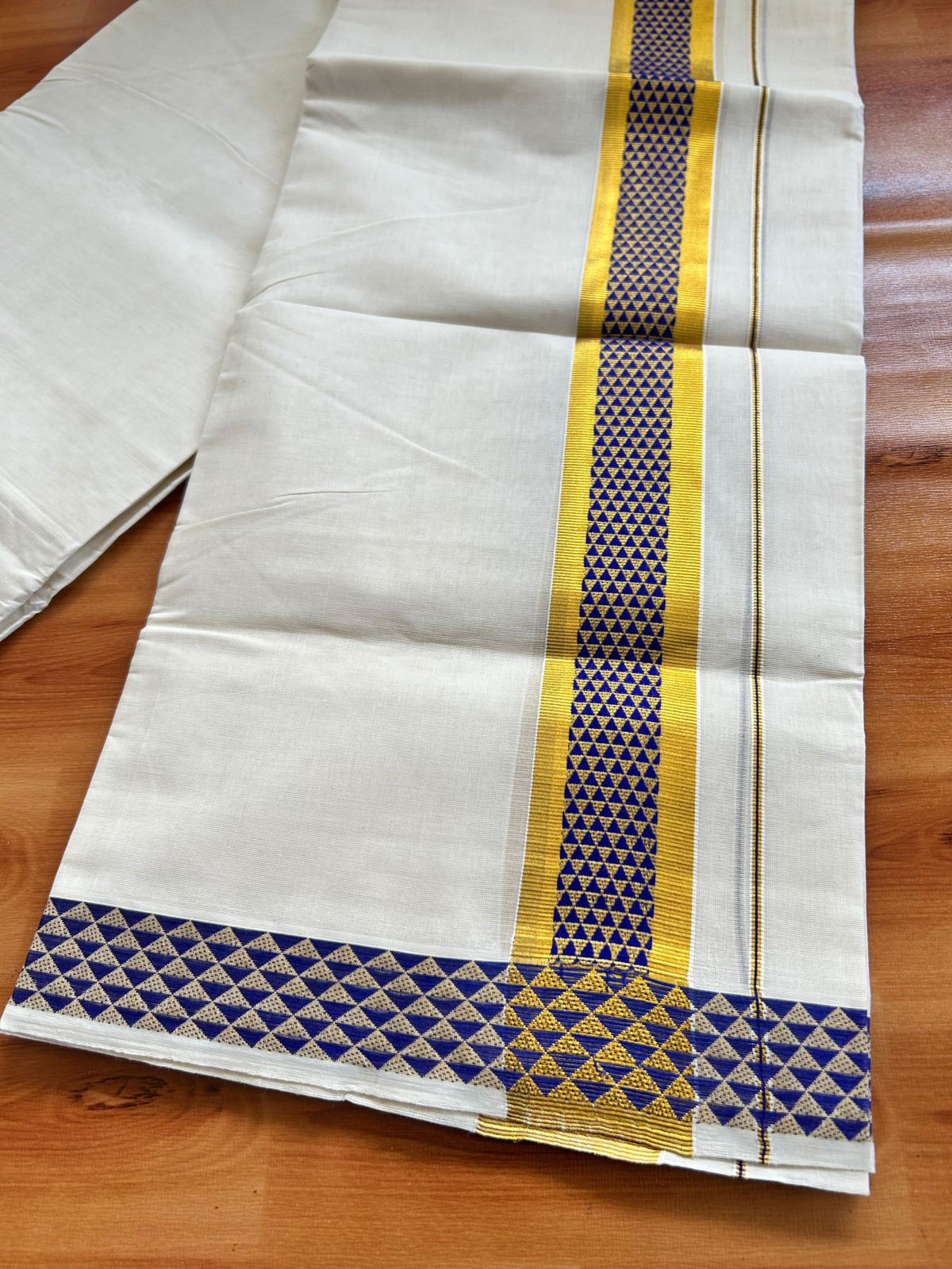 Off White (Unbleached) Double Mundu/Dhoti - 20% Discount ! KaithariKada Pure Cotton - 100x80 - 2 inch Gold Kasav & Dark Blue Jacquard Design kara 4 mtr (8.5 Muzham) - 1 KK5483 PMC