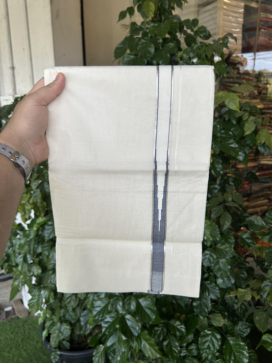 20% Discount!! KaithariKada Balaramapuram Pure Cotton Double Off White - (Unbleached) - Mundu/Dhoti - 100x80 - 1 inch Puliyilakkara Silver Kasav & Navy Blue Stripes One Side Chutty Kara 4 mtr (8.5 muzham) - 43 KK5357 VAS