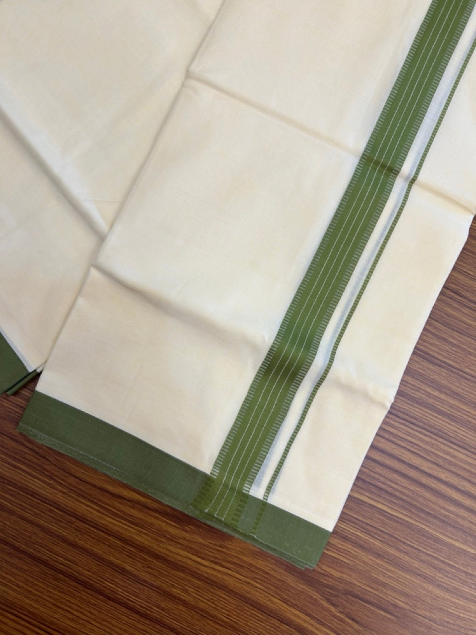 Kannur Yellow Dhoti - 31% Discount! KaithariKada Balaramapuram  Double Mundu/Dhoti - 80x60 - 50% Cotton & 50% Polyester - Kannur Yellow colour Body Dark Moss Green striped Kara - 4 mtr - 2 KK5276 VAS