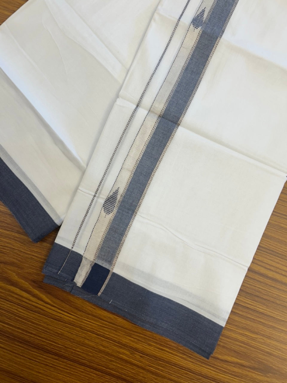 20% Discount ! Kaitharikada Balaramapuram 100% Cotton Pure White Double Mundu/Dothi - 100x80 - 1.5 inch Blue & Silver Kasav Design Kara 3.90 mtr (8 muzham) - 14 KK5291 VAS