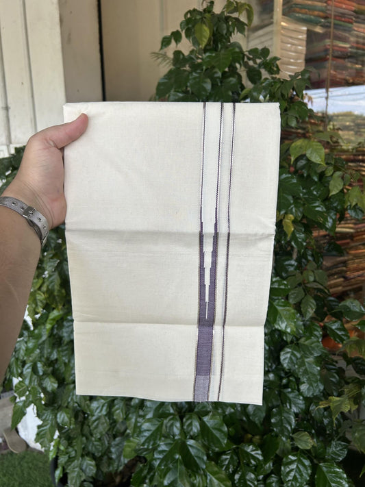 20% Discount!! KaithariKada Balaramapuram Pure Cotton Double Off White - (Unbleached) - Mundu/Dhoti - 100x80 - 1 inch Puliyilakkara Silver Kasav & Violet Stripes One Side Chutty Kara 4 mtr (8.5 muzham) - 42 KK5357 VAS