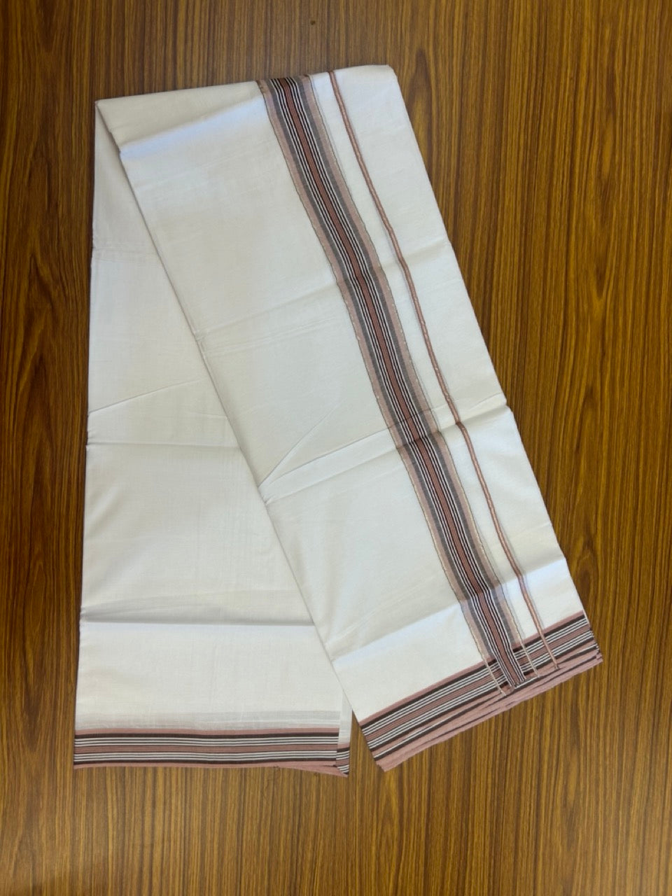 20% Discount ! KaithariKada Balaramapuram Double Pure White Mundu/Dhoti- 100x80 - 2 inch Silver Kasavu Dark Brown & Dusty Rose striped kara 3.90 Mtr (8 Muzham) - 15 KK5291 PMC
