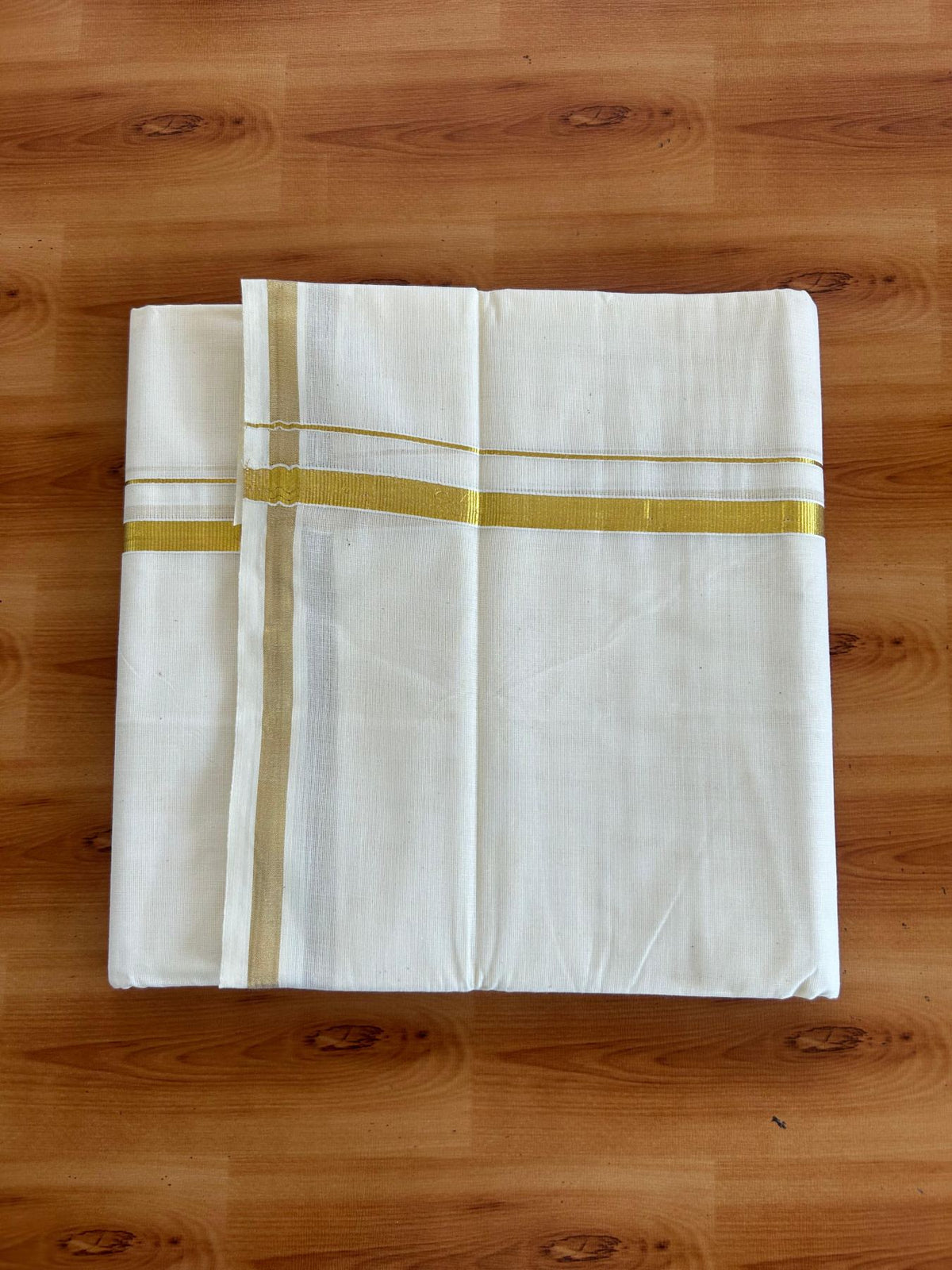 Double Off White (Unbleached) Mundu/Dhoti - 20% Discount! KaithariKada Pulimood Mixed Cotton - 80x72 - 0.5 inch Gold Kasav Kara 4 mtr (8.5 muzham) - 20 KK5552 VIN