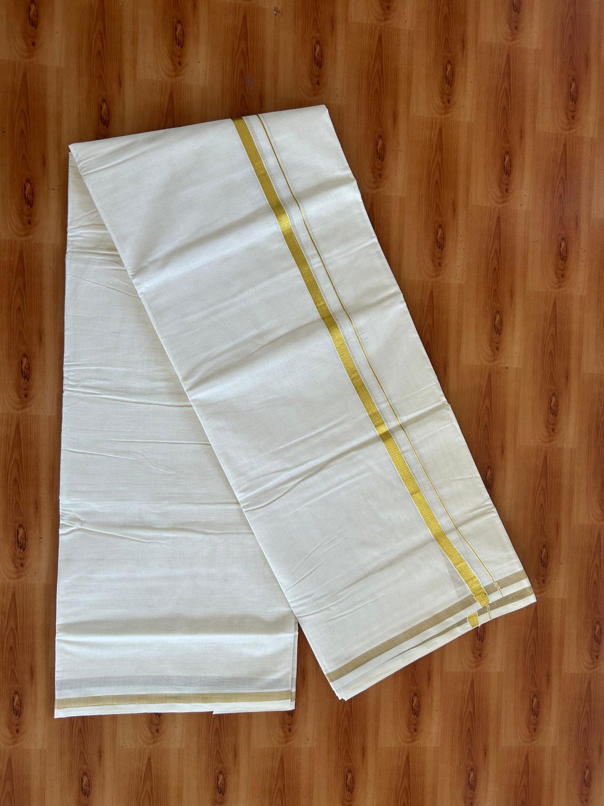 Double Off White (Unbleached) Mundu/Dhoti - 20% Discount! KaithariKada Pulimood Mixed Cotton - 80x72 - 0.5 inch Gold Kasav Kara 4 mtr (8.5 muzham) - 20 KK5552 VIN