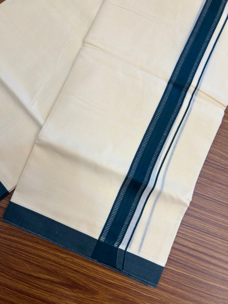 Kannur Yellow Dhoti - 31% Discount! KaithariKada Balaramapuram  Double Mundu/Dhoti - 80x60 - 50% Cotton & 50% Polyester - Kannur Yellow colour Body Dark Green pattern Kara - 4 mtr - 4 KK5276 VAS