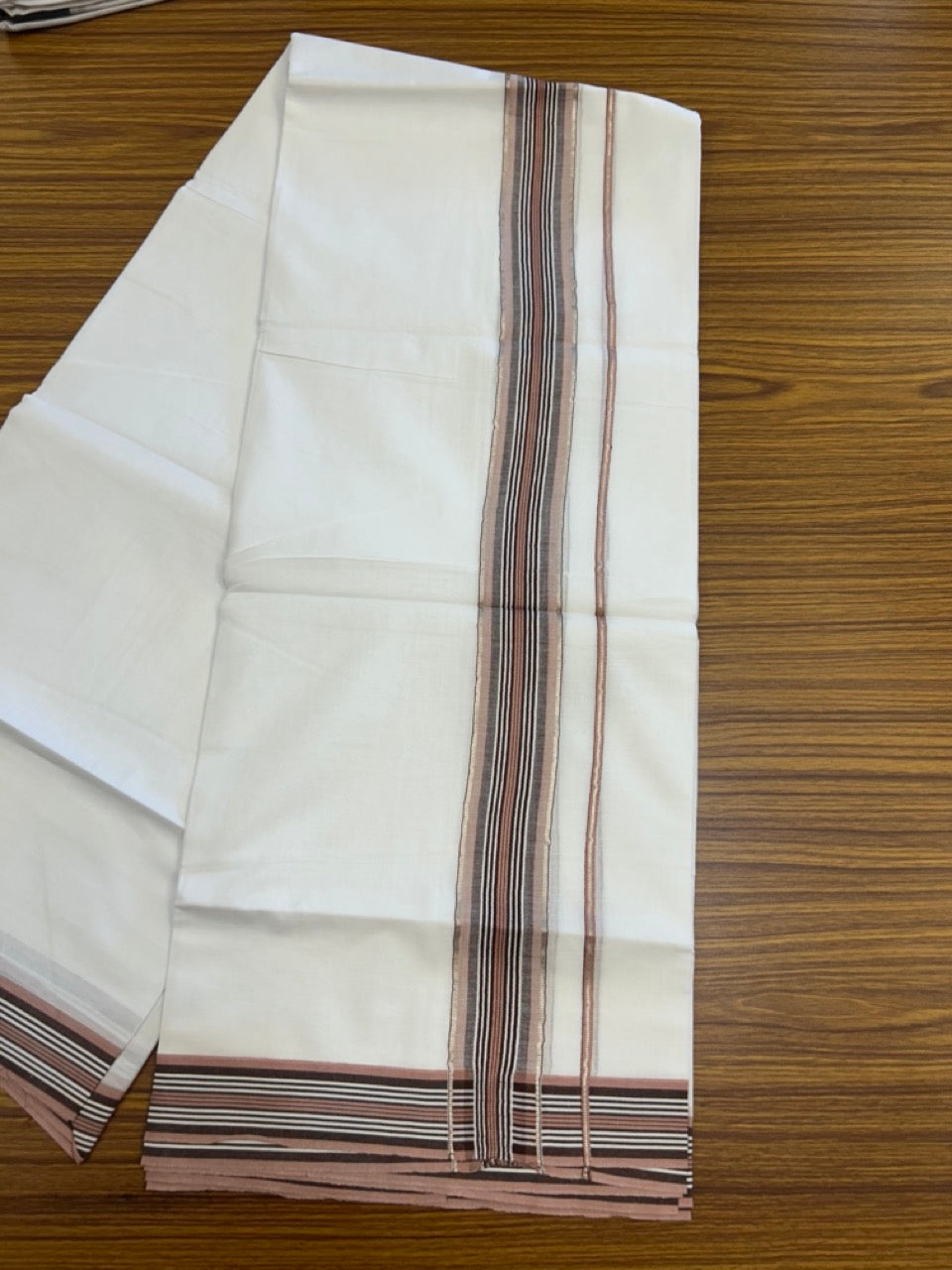 20% Discount ! KaithariKada Balaramapuram Double Pure White Mundu/Dhoti- 100x80 - 2 inch Silver Kasavu Dark Brown & Dusty Rose striped kara 3.90 Mtr (8 Muzham) - 15 KK5291 PMC