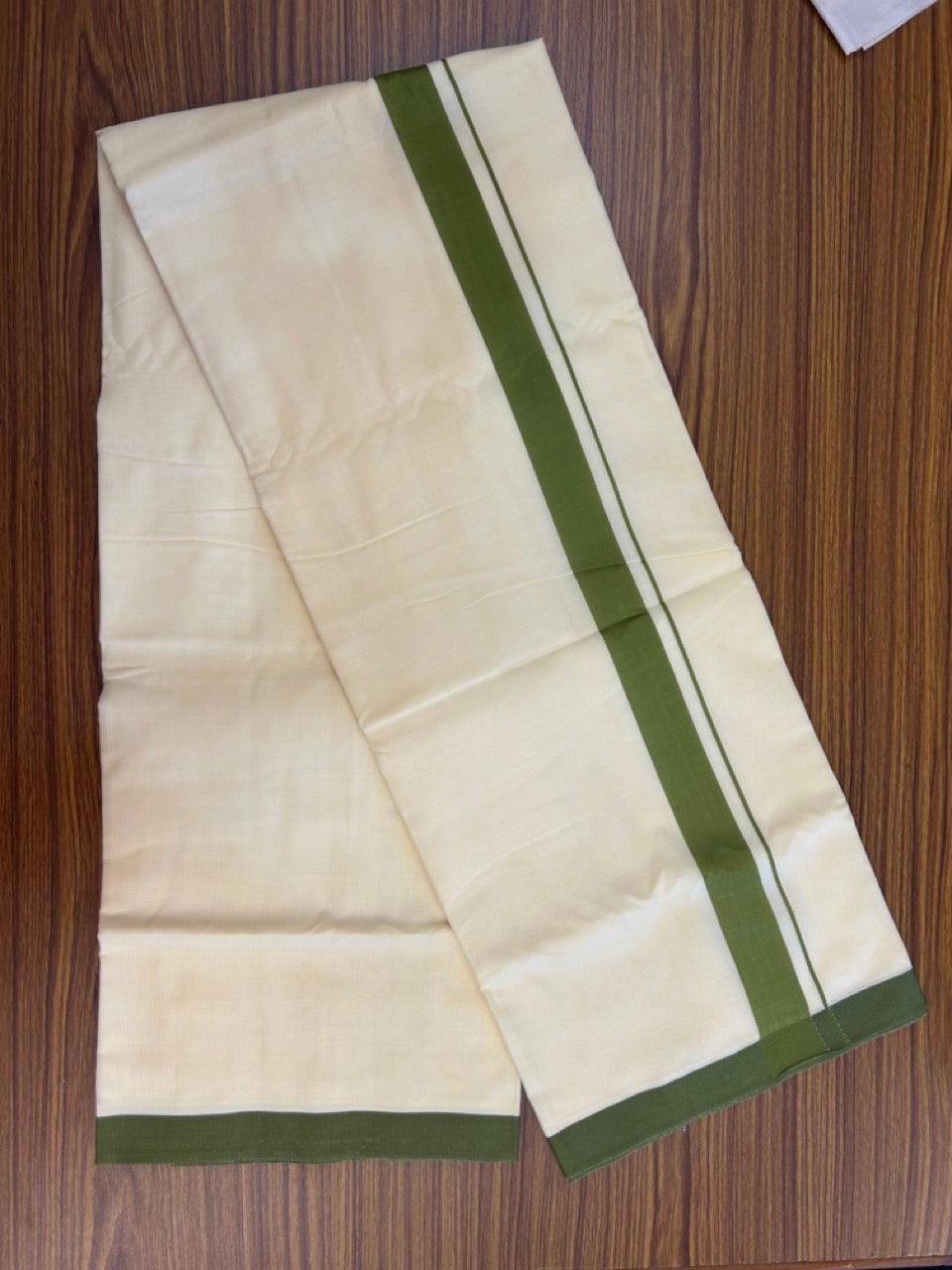 Kannur Yellow Dhoti - 31% Discount! KaithariKada Balaramapuram  Double Mundu/Dhoti - 80x60 - 50% Cotton & 50% Polyester - Kannur Yellow colour Body Dark Moss Green Kara - 4 mtr - 1 KK5276 VAS