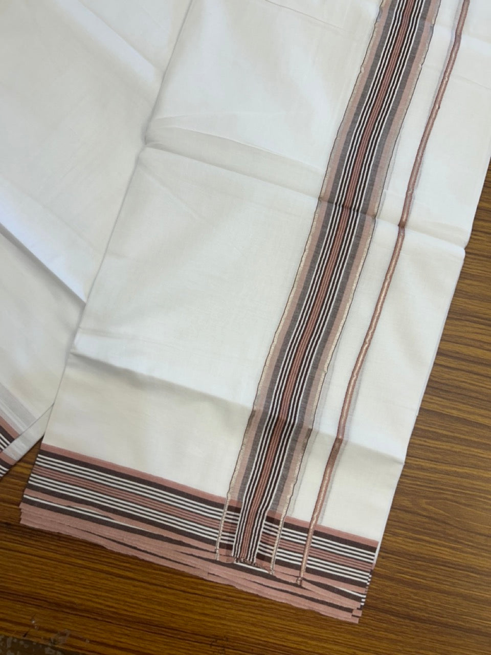 20% Discount ! KaithariKada Balaramapuram Double Pure White Mundu/Dhoti- 100x80 - 2 inch Silver Kasavu Dark Brown & Dusty Rose striped kara 3.90 Mtr (8 Muzham) - 15 KK5291 PMC