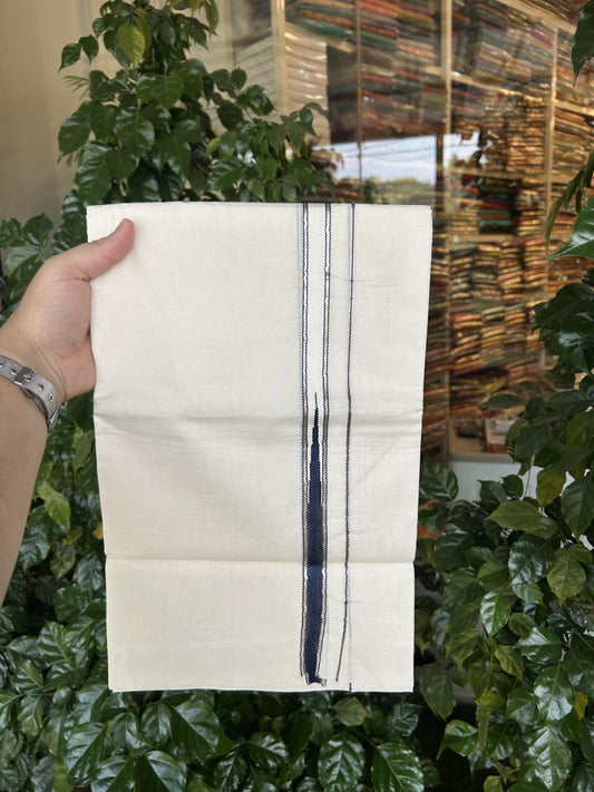 20% Discount!! KaithariKada Balaramapuram Pure Cotton Double Off White - (Unbleached) - Mundu/Dhoti - 100x80 - 1 inch Puliyilakkara Silver Kasav & Navy Blue Stripes One Side Chutty Kara 4 mtr (8.5 muzham) - 41 KK5357 VAS
