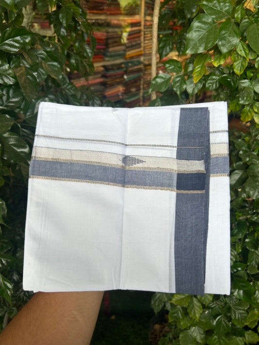 20% Discount ! Kaitharikada Balaramapuram 100% Cotton Pure White Double Mundu/Dothi - 100x80 - 1.5 inch Blue & Silver Kasav Design Kara 3.90 mtr (8 muzham) - 14 KK5291 VAS