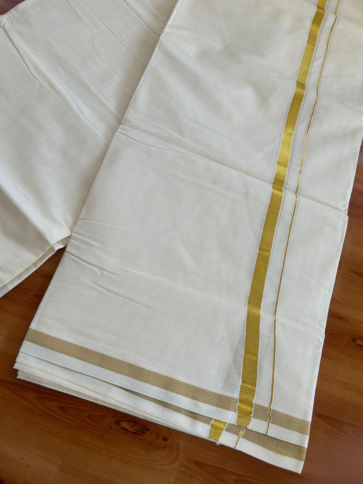 Double Off White (Unbleached) Mundu/Dhoti - 20% Discount! KaithariKada Pulimood Mixed Cotton - 80x72 - 0.5 inch Gold Kasav Kara 4 mtr (8.5 muzham) - 20 KK5552 VIN