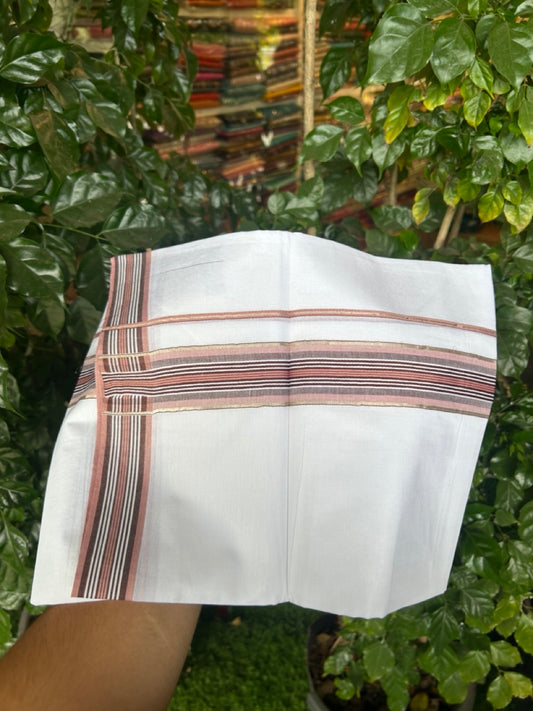 20% Discount ! KaithariKada Balaramapuram Double Pure White Mundu/Dhoti- 100x80 - 2 inch Silver Kasavu Dark Brown & Dusty Rose striped kara 3.90 Mtr (8 Muzham) - 15 KK5291 PMC