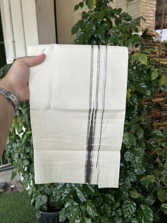 20% Discount!! KaithariKada Balaramapuram Pure Cotton Double Off White - (Unbleached) - Mundu/Dhoti - 100x80 - 1 inch Puliyilakkara Silver Kasav & Dark Brown Stripes One Side Chutty Kara 4 mtr (8.5 muzham) - 40 KK5357 VAS