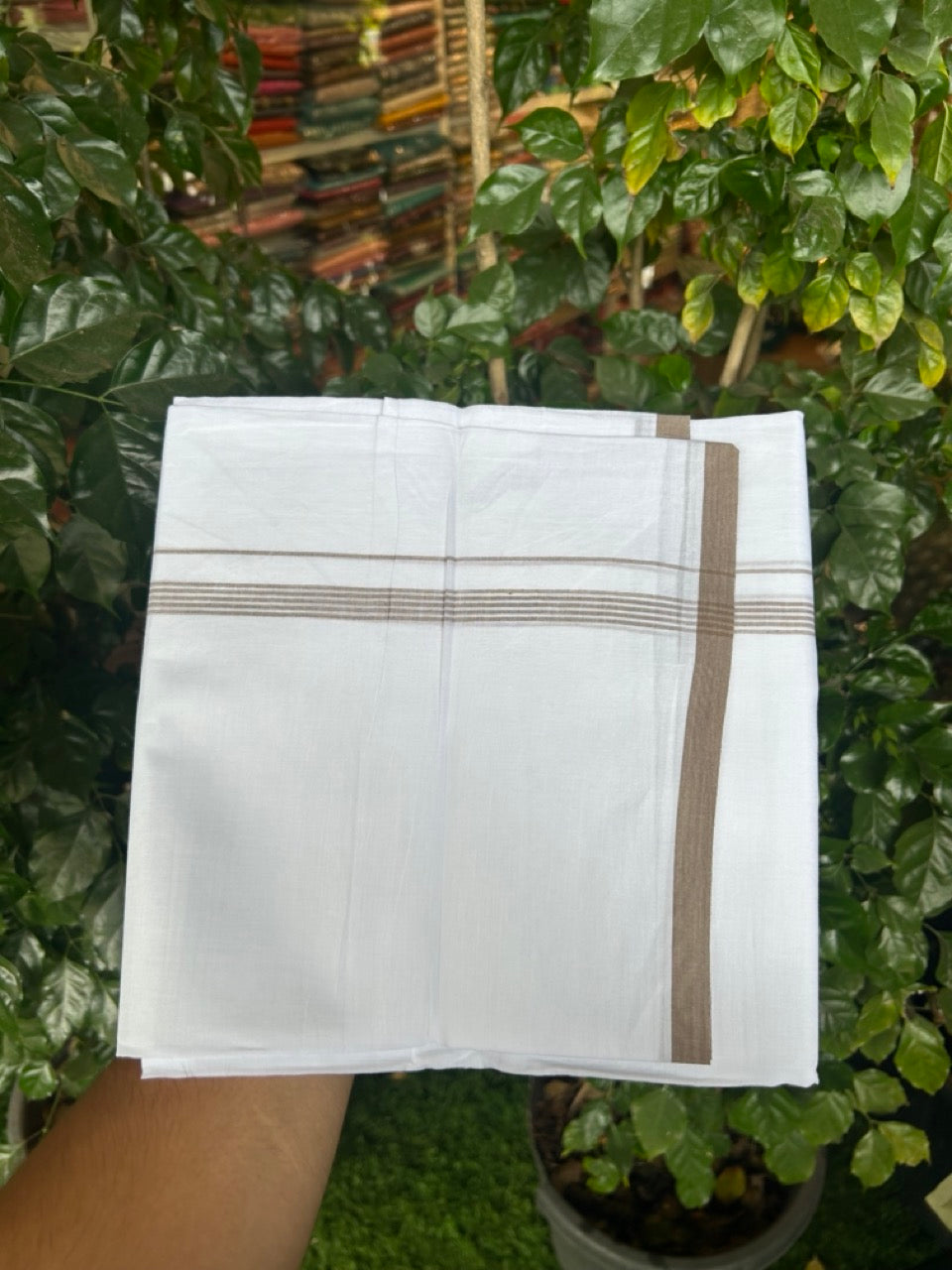20% Discount ! Kaitharikada Balaramapuram 100% Cotton Pure White Double Mundu/Dothi - 100x80 - 0.5 inch Walnut Brown Striped Kara 3.90 mtr (8 muzham) - 4 KK5291 VAS