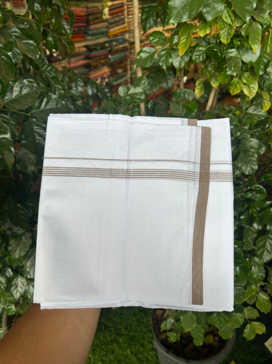 20% Discount ! Kaitharikada Balaramapuram 100% Cotton Pure White Double Mundu/Dothi - 100x80 - 0.5 inch Walnut Brown Striped Kara 3.90 mtr (8 muzham) - 4 KK5291 VAS