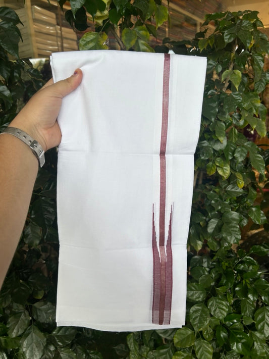 20% Discount ! NEW! KaithariKada Balaramapuram 100% Cotton Pure white Double Mundu/Dhoti - (100x80)s - 1.25 inch Maroon Silver Kasav Striped Kara - 3 KK5291 CKS