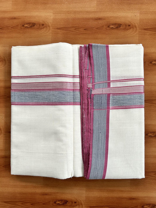 Double Off White (Unbleached) Mundu/Dhoti - 25% Discount! KaithariKada Handloom Unakkupaav Kerala Handloom - Pure Cotton - 80x90 - 1.5 Inch Silver Kasav & Dark Pink & Navy Blue Shaded Striped Kara  4 Mtr (8.5 Muzham) - 19 KK5438 YAR