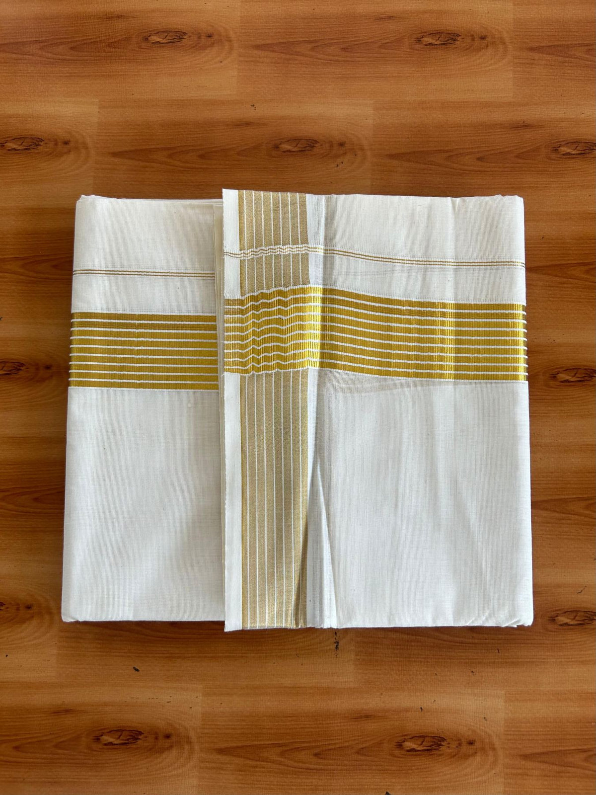 Double Off White (Unbleached) Mundu/Dhoti - 20% Discount! KaithariKada Pulimood Mixed Cotton - 80x72 - 1.75 inch Gold Kasav Striped Kara 4 mtr (8.5 muzham) - 22 KK5552 VIN