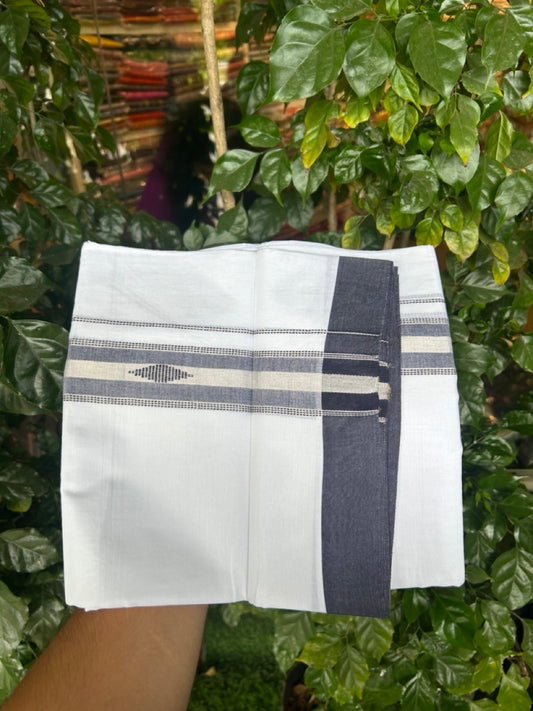 20% Discount ! Kaitharikada Balaramapuram 100% Cotton Pure White Double Mundu/Dothi - 100x80 - 1.5 inch Blue & Silver Kasav Design Kara 3.90 mtr (8 muzham) - 13 KK5291 VAS