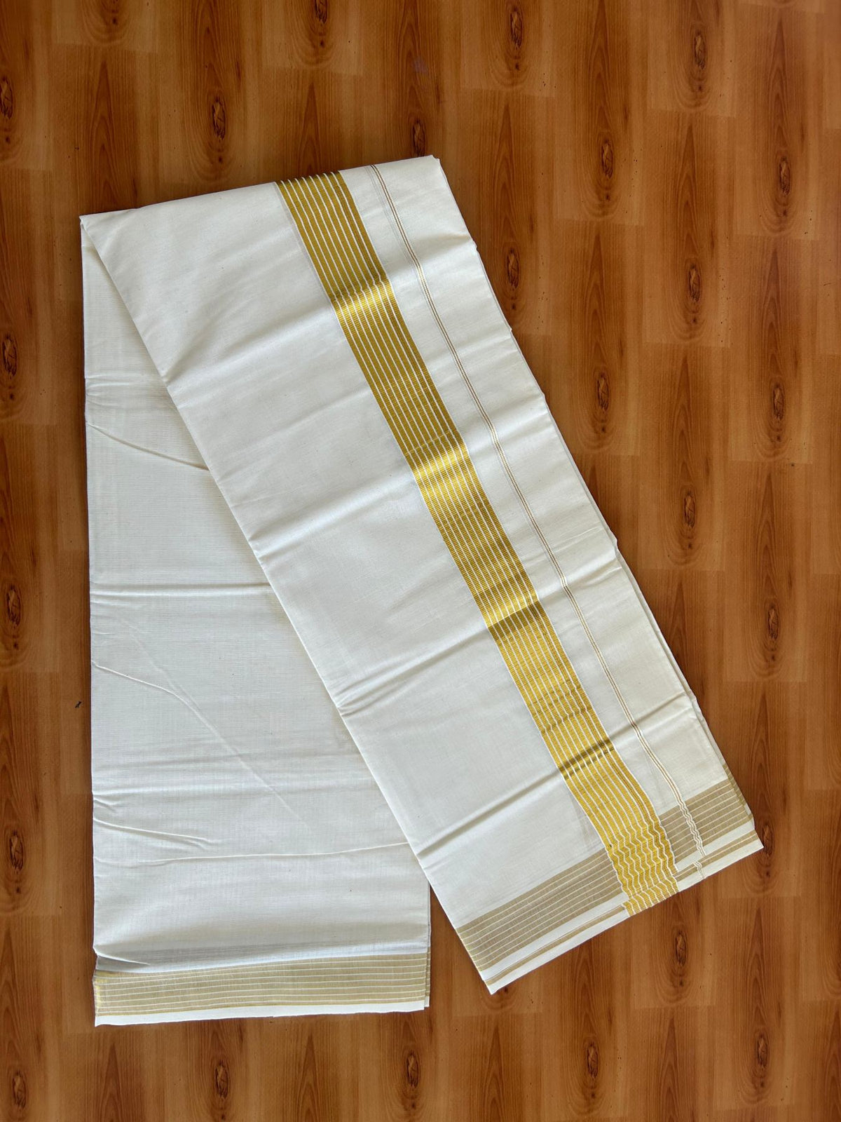 Double Off White (Unbleached) Mundu/Dhoti - 20% Discount! KaithariKada Pulimood Mixed Cotton - 80x72 - 1.75 inch Gold Kasav Striped Kara 4 mtr (8.5 muzham) - 22 KK5552 VIN