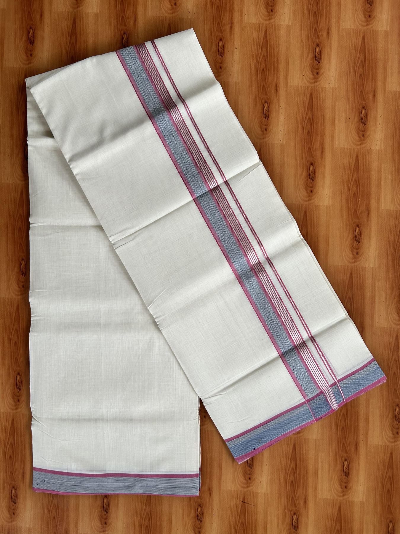 Double Off White (Unbleached) Mundu/Dhoti - 25% Discount! KaithariKada Handloom Unakkupaav Kerala Handloom - Pure Cotton - 80x90 - 1.5 Inch Silver Kasav & Dark Pink & Navy Blue Shaded Striped Kara  4 Mtr (8.5 Muzham) - 19 KK5438 YAR