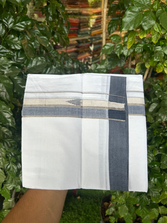 20% Discount ! Kaitharikada Balaramapuram 100% Cotton Pure White Double Mundu/Dothi - 100x80 - 1.5 inch Blue & Silver Kasav Design Kara 3.90 mtr (8 muzham) - 12 KK5291 VAS