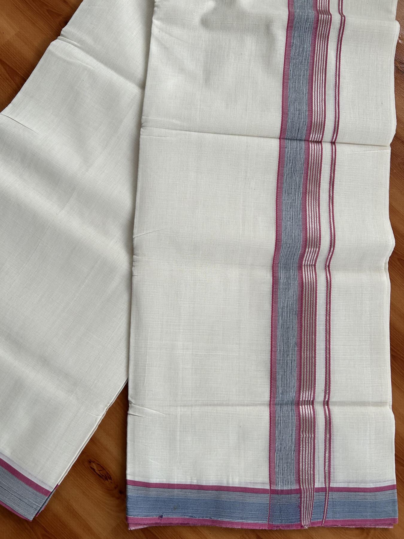 Double Off White (Unbleached) Mundu/Dhoti - 25% Discount! KaithariKada Handloom Unakkupaav Kerala Handloom - Pure Cotton - 80x90 - 1.5 Inch Silver Kasav & Dark Pink & Navy Blue Shaded Striped Kara  4 Mtr (8.5 Muzham) - 19 KK5438 YAR