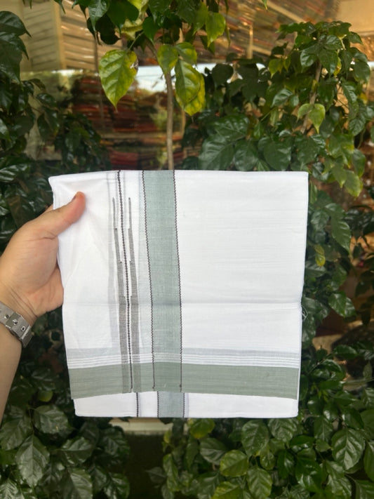 20% Discount! KaithariKada Balaramapuram 100% Cotton Double Pure white Mundu/Dhoti- 60s - 1.25 inch Brown striped Greyish Teal shaded chutty kara - 3.90mtr ( 8 muzham) - 11 KK5291 CKS