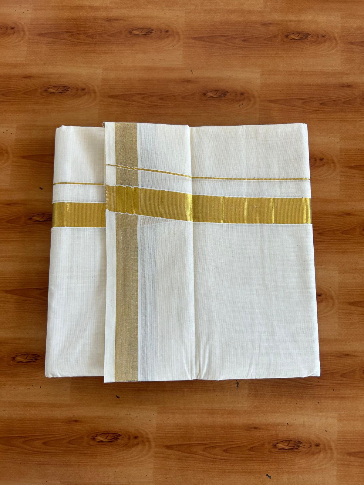 Double Off White (Unbleached) Mundu/Dhoti - 20% Discount! KaithariKada Pulimood Mixed Cotton - 80x72 - 1 inch Gold Kasav Kara 4 mtr (8.5 muzham) - 23 KK5552 VIN