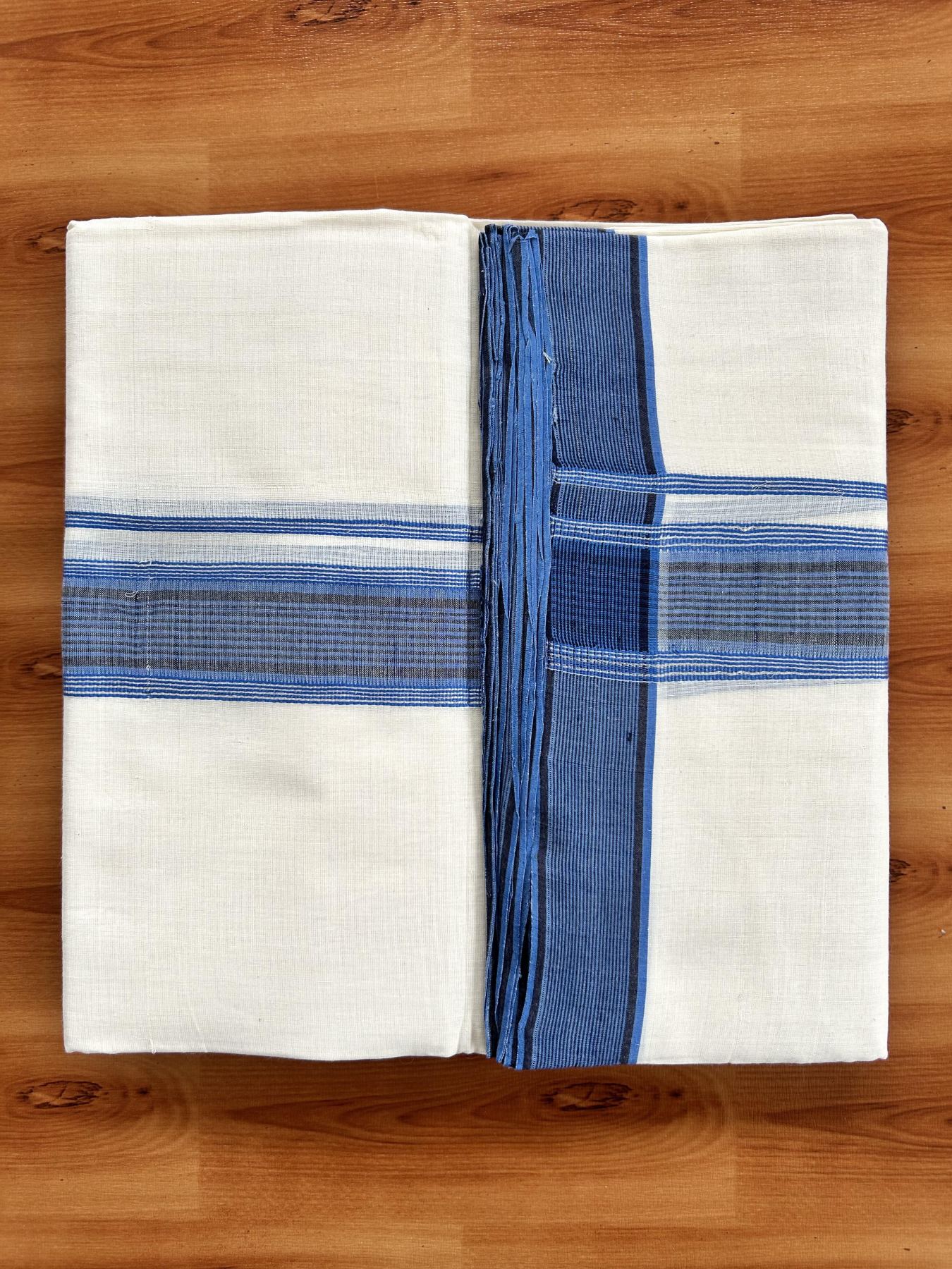Double Off White (Unbleached) Mundu/Dhoti - 25% Discount! KaithariKada Handloom Unakkupaav Kerala Handloom - Pure Cotton - 80x90 - 1.5 Inch Silver Kasav & Blue & Black Striped Kara  4 Mtr (8.5 Muzham) - 18 KK5438 YAR