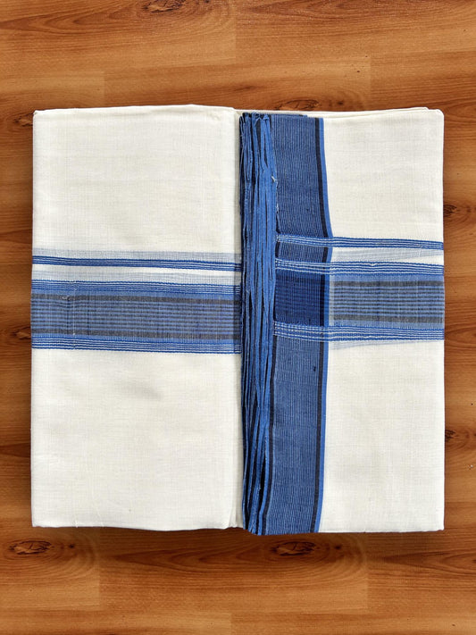 Double Off White (Unbleached) Mundu/Dhoti - 25% Discount! KaithariKada Handloom Unakkupaav Kerala Handloom - Pure Cotton - 80x90 - 1.5 Inch Silver Kasav & Blue & Black Striped Kara  4 Mtr (8.5 Muzham) - 18 KK5438 YAR