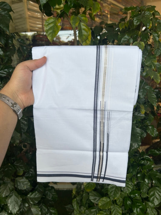 20% Discount ! Kaitharikada Balaramapuram 100% Cotton Pure White Double Mundu/Dothi - 100x80 - 0.25 inch Puliyilakkara Silver Kasav & Blue One Side Double Chutty Kara  3.90 mtr (8 muzham) - 10 KK5291 CKS
