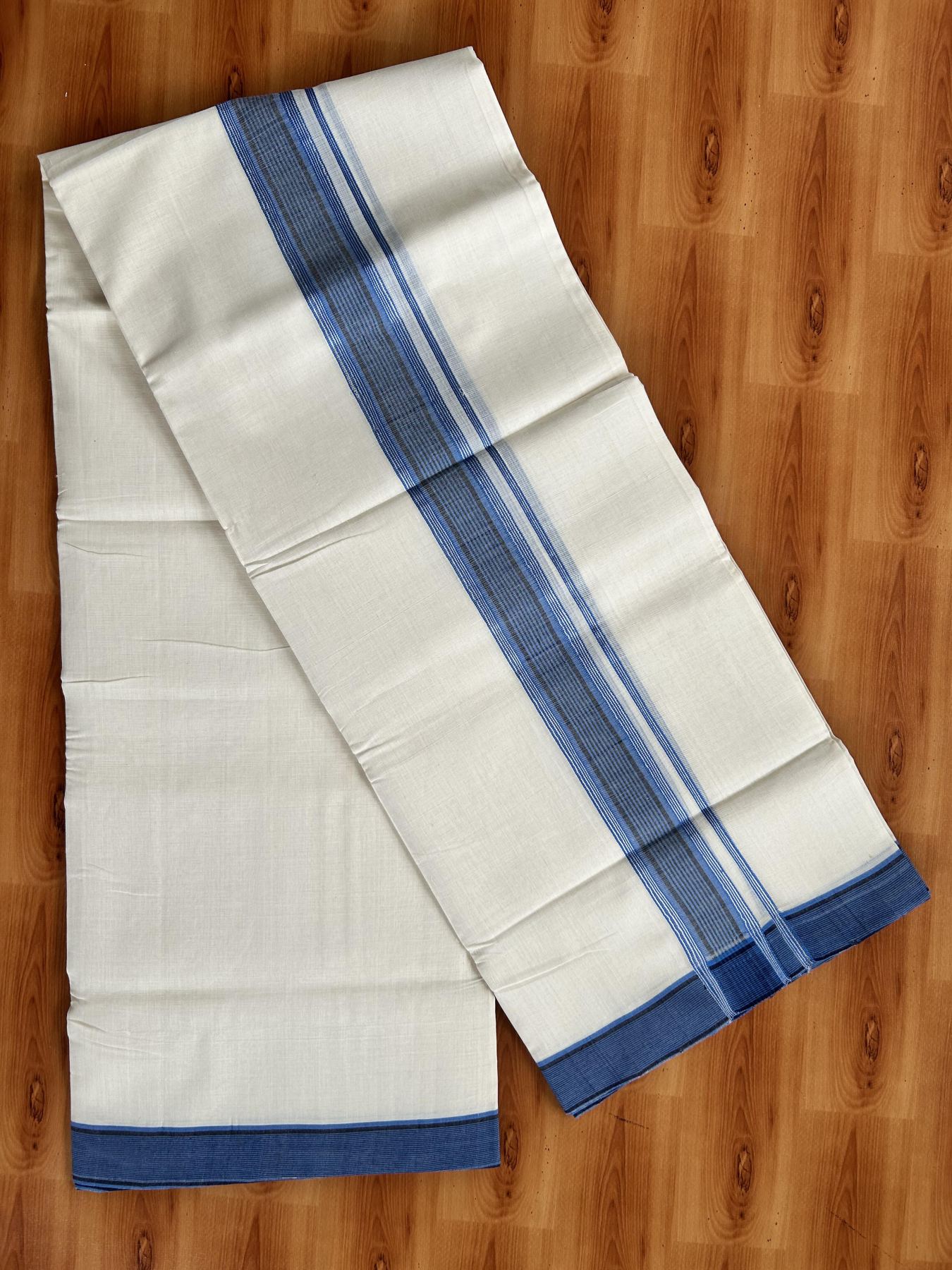Double Off White (Unbleached) Mundu/Dhoti - 25% Discount! KaithariKada Handloom Unakkupaav Kerala Handloom - Pure Cotton - 80x90 - 1.5 Inch Silver Kasav & Blue & Black Striped Kara  4 Mtr (8.5 Muzham) - 18 KK5438 YAR