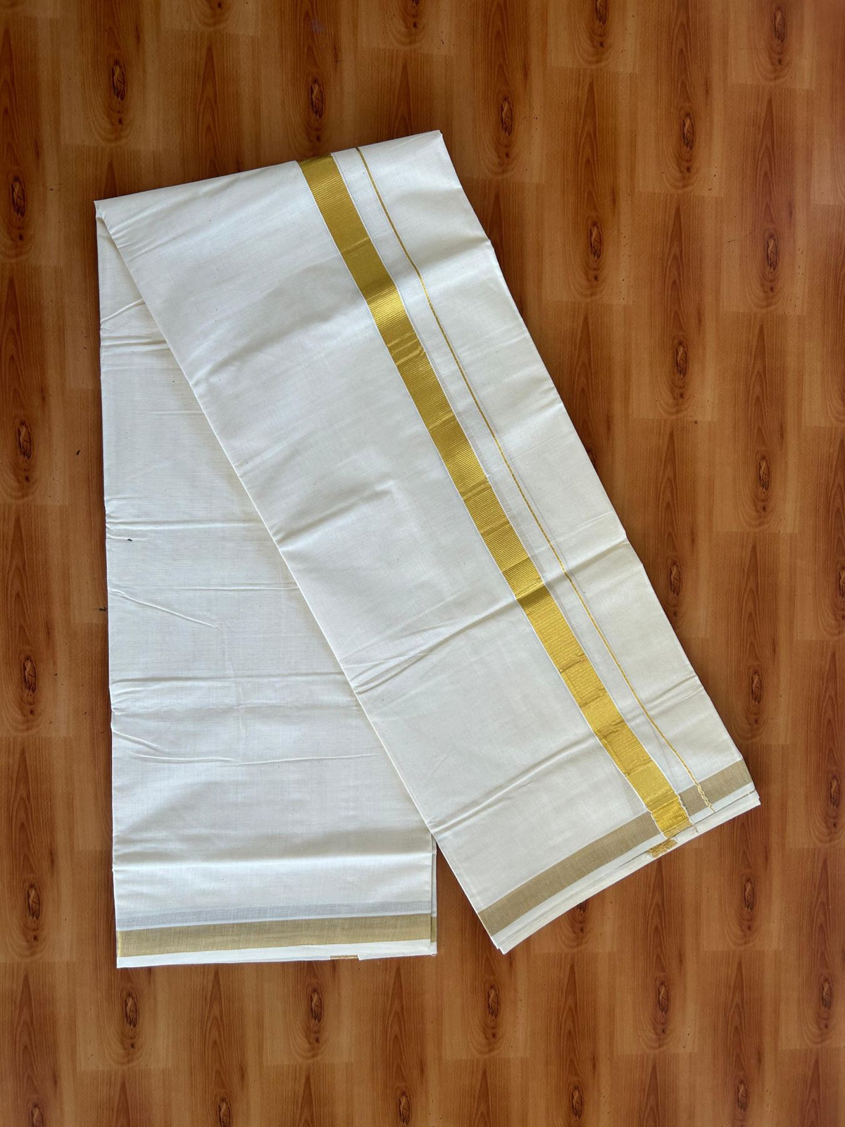 Double Off White (Unbleached) Mundu/Dhoti - 20% Discount! KaithariKada Pulimood Mixed Cotton - 80x72 - 1 inch Gold Kasav Kara 4 mtr (8.5 muzham) - 23 KK5552 VIN