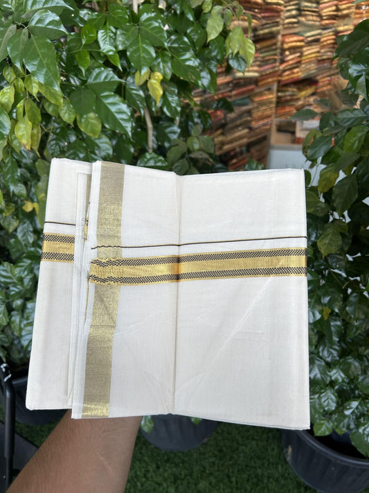 20% Discount! KaithariKada Balaramapuram 100% Cotton Double Off white - (Unbleached) - Mundu/Dhoti - 100x100 - 1 inch Gold Kasav & Dark Chocolate Brown Jacquard Design Kara 4 mtr (8.5 muzham) - 68 KK5357 VAS