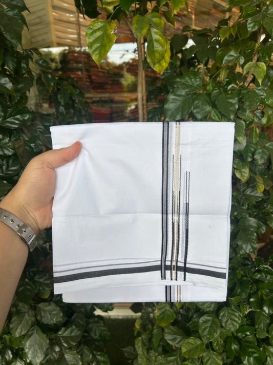 20% Discount ! Kaitharikada Balaramapuram 100% Cotton Pure White Double Mundu/Dothi - 100x80 - 0.25 inch Puliyilakkara Silver Kasav & Black One Side Double Chutty Kara  3.90 mtr (8 muzham) - 9 KK5291 VAS
