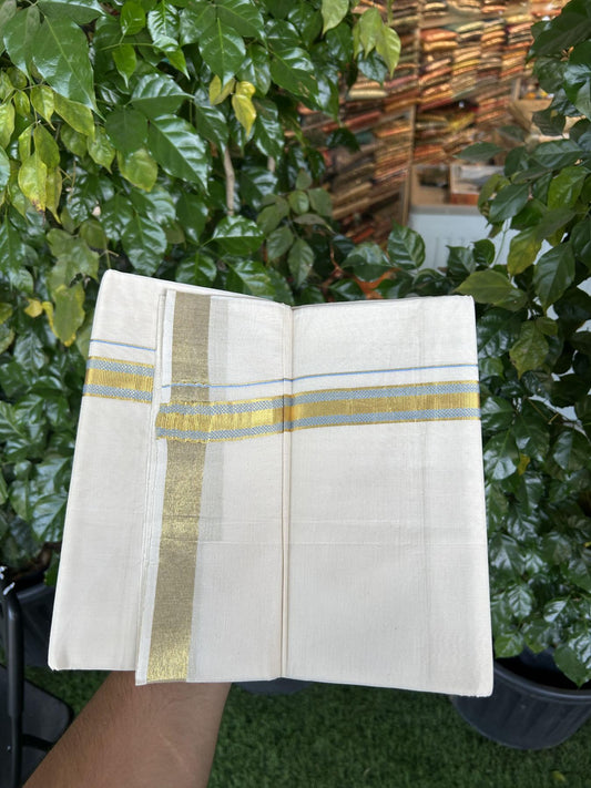 20% Discount! KaithariKada Balaramapuram 100% Cotton Double Off white - (Unbleached) - Mundu/Dhoti - 100x100 - 1 inch Gold Kasav & Sky Blue Jacquard Design Kara 4 mtr (8.5 muzham) - 63 KK5357 VAS