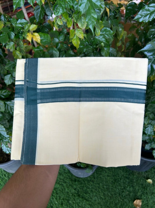 Kannur Yellow Dhoti - 31% Discount! KaithariKada Balaramapuram  Double Mundu/Dhoti - 80x60 - 50% Cotton & 50% Polyester - Kannur Yellow colour Body Dark Green pattern Kara - 4 mtr - 4 KK5276 VAS