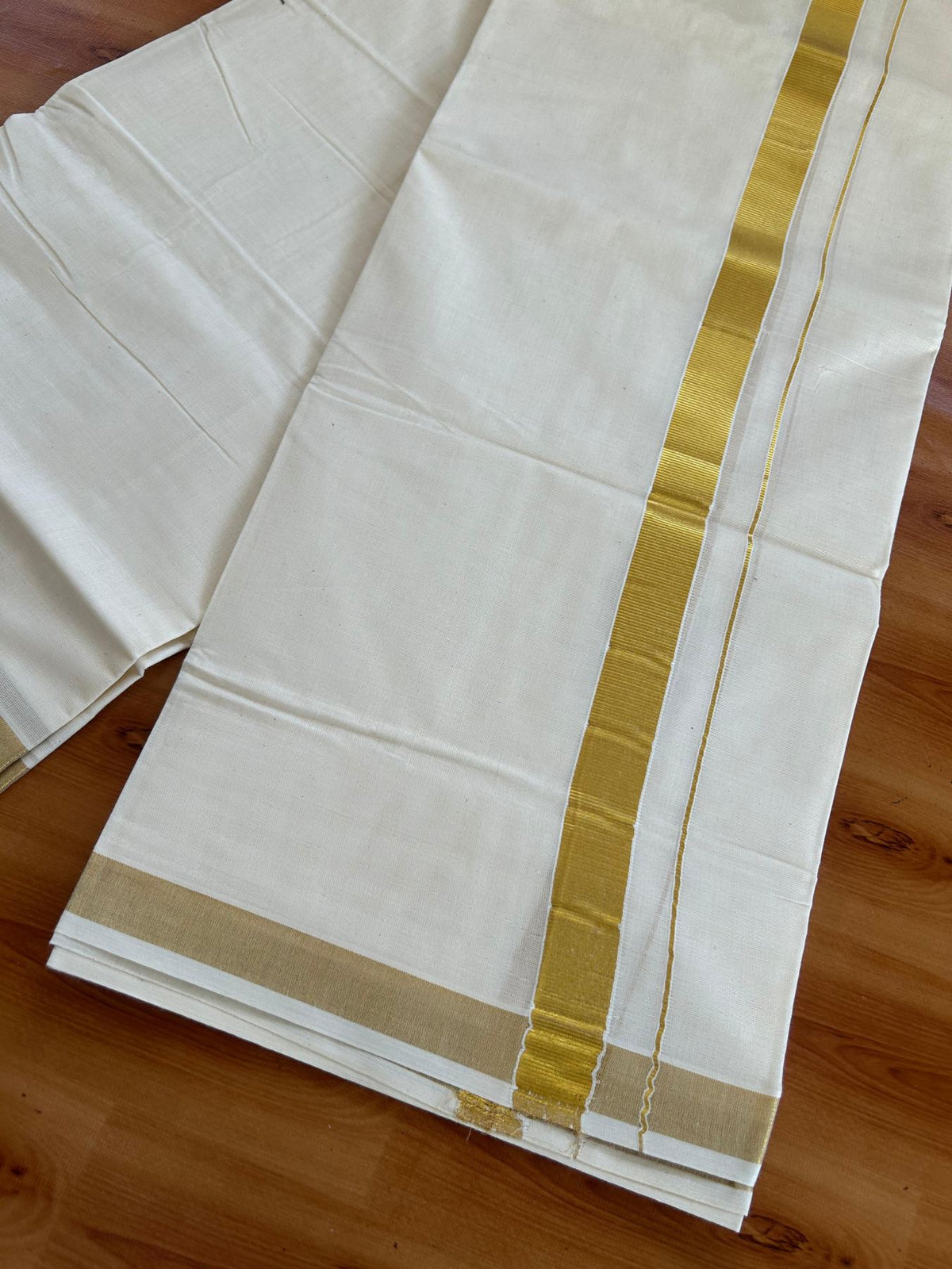 Double Off White (Unbleached) Mundu/Dhoti - 20% Discount! KaithariKada Pulimood Mixed Cotton - 80x72 - 1 inch Gold Kasav Kara 4 mtr (8.5 muzham) - 23 KK5552 VIN