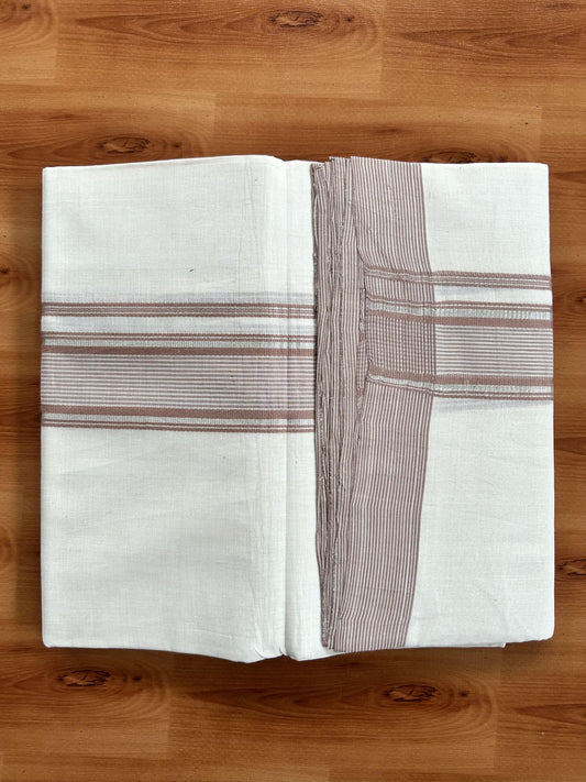 Double Off White (Unbleached) Mundu/Dhoti - 25% Discount! KaithariKada Handloom Unakkupaav Kerala Handloom - Pure Cotton - 80x90 - 1.5 Inch Silver Kasav & Dusty Peach Striped Kara  4 Mtr (8.5 Muzham) - 20 KK5438 YAR