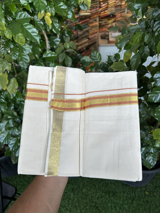 20% Discount! KaithariKada Balaramapuram 100% Cotton Double Off white - (Unbleached) - Mundu/Dhoti - 100x100 - 1 inch Gold Kasav & Red Jacquard Design Kara 4 mtr (8.5 muzham) - 70 KK5357 VAS