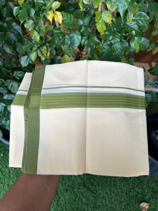 Kannur Yellow Dhoti - 31% Discount! KaithariKada Balaramapuram  Double Mundu/Dhoti - 80x60 - 50% Cotton & 50% Polyester - Kannur Yellow colour Body Dark Moss Green striped Kara - 4 mtr - 2 KK5276 VAS