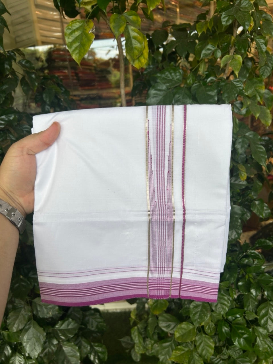 20% Discount ! Kaitharikada Balaramapuram 100% Cotton Pure White Double Mundu/Dothi - 100x80 - 1.25 inch Puliyilakkara Silver Kasav & Light Magenta Striped Chutty Kara  3.90 mtr (8 muzham) - 7 KK5291 VAS