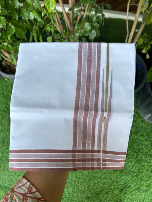 28% DISCOUNT!! Kaitharikada Balaramapuram 100% Cotton PURE WHITE Double Mundu/Dothi - 100X80 - 1.75 Inch Silver Peanut Brown Stripes Chutty Kara - 20KK5155THI