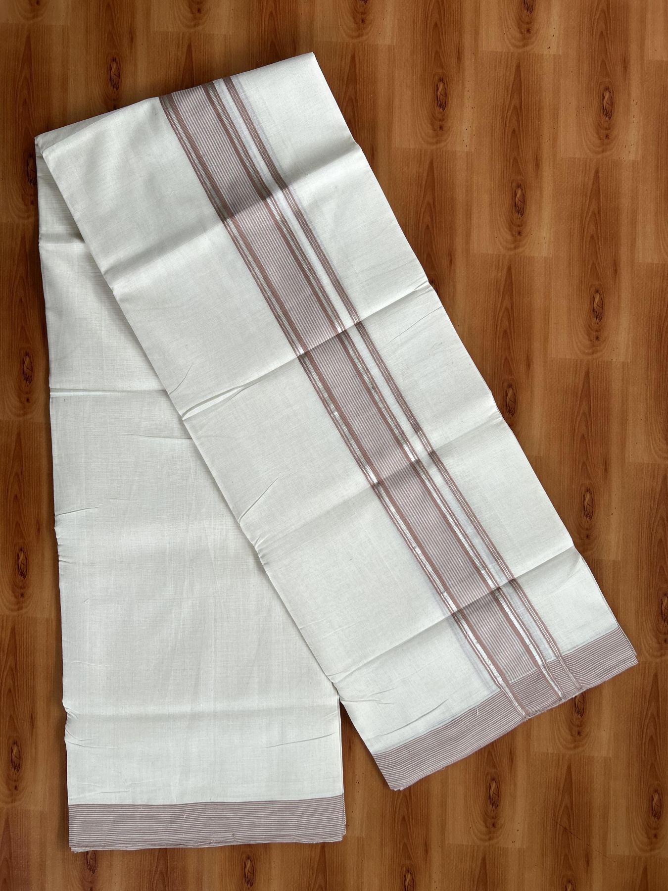 Double Off White (Unbleached) Mundu/Dhoti - 25% Discount! KaithariKada Handloom Unakkupaav Kerala Handloom - Pure Cotton - 80x90 - 1.5 Inch Silver Kasav & Dusty Peach Striped Kara  4 Mtr (8.5 Muzham) - 20 KK5438 YAR