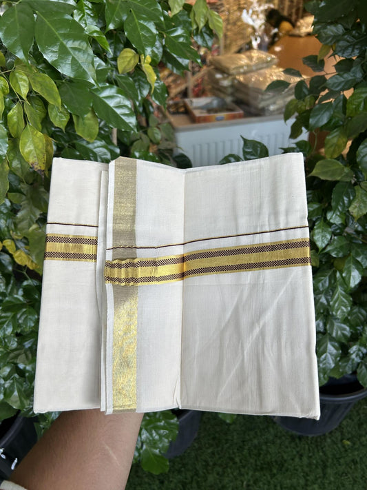 20% Discount! KaithariKada Balaramapuram 100% Cotton Double Off white - (Unbleached) - Mundu/Dhoti - 100x100 - 1 inch Gold Kasav & Dark Maroon Jacquard Design Kara 4 mtr (8.5 muzham) - 66 KK5357 VAS