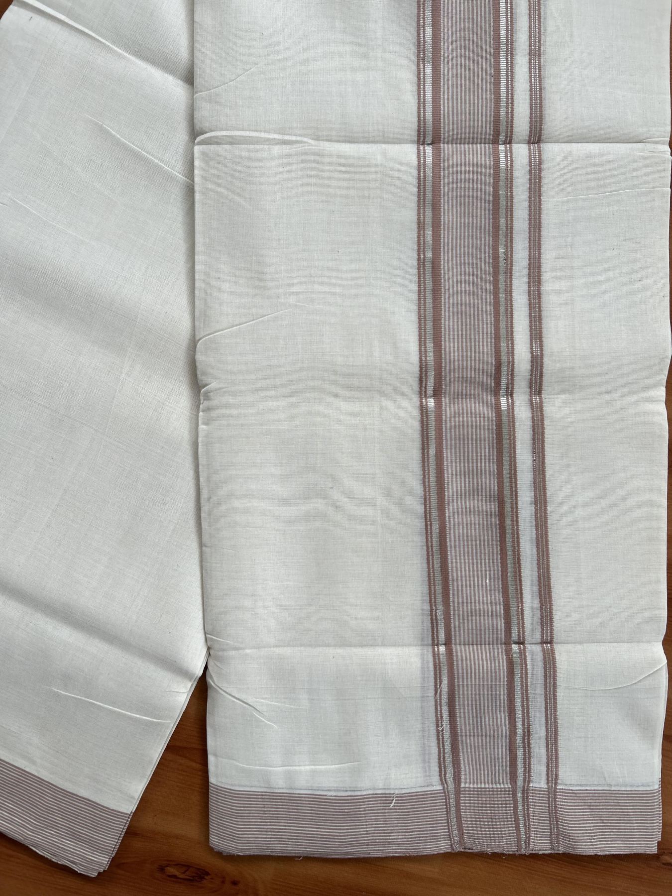 Double Off White (Unbleached) Mundu/Dhoti - 25% Discount! KaithariKada Handloom Unakkupaav Kerala Handloom - Pure Cotton - 80x90 - 1.5 Inch Silver Kasav & Dusty Peach Striped Kara  4 Mtr (8.5 Muzham) - 20 KK5438 YAR