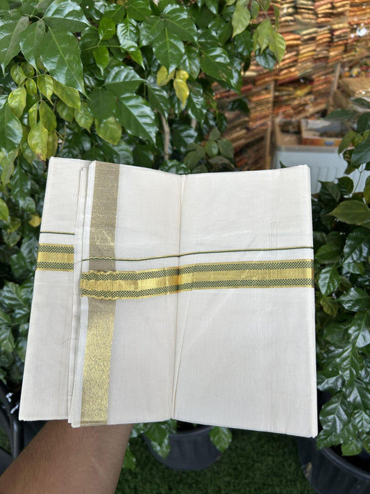 20% Discount! KaithariKada Balaramapuram 100% Cotton Double Off white - (Unbleached) - Mundu/Dhoti - 100x100 - 1 inch Gold Kasav & Green Jacquard Design Kara 4 mtr (8.5 muzham) - 65 KK5357 VAS