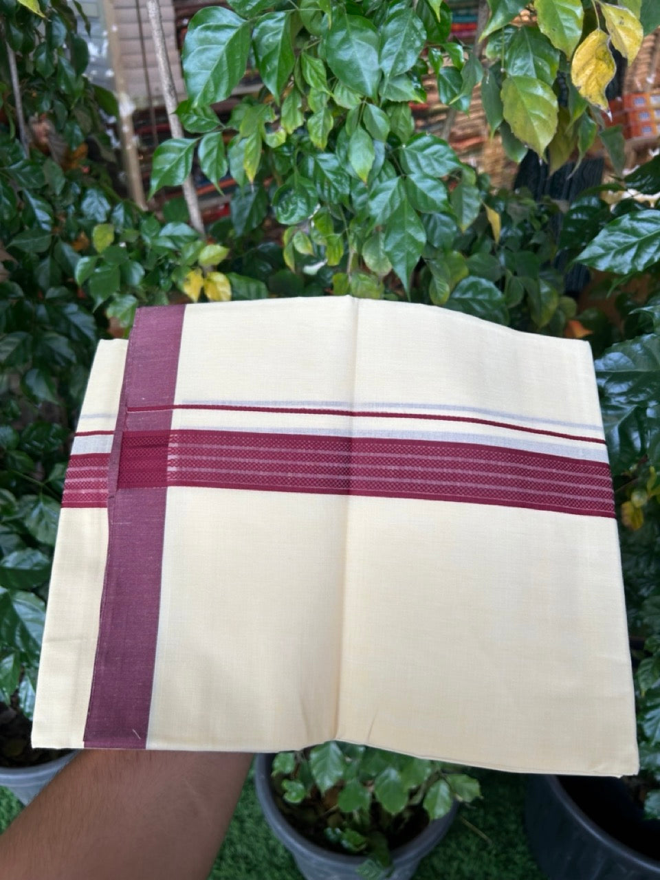 Kannur Yellow Dhoti - 31% Discount! KaithariKada Balaramapuram  Double Mundu/Dhoti - 80x60 - 50% Cotton & 50% Polyester - Kannur Yellow colour Body Maroon pattern Kara - 4 mtr - 10 KK5276 VAS