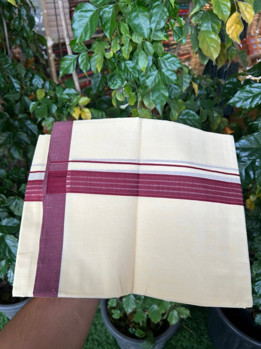 Kannur Yellow Dhoti - 31% Discount! KaithariKada Balaramapuram  Double Mundu/Dhoti - 80x60 - 50% Cotton & 50% Polyester - Kannur Yellow colour Body Maroon pattern Kara - 4 mtr - 10 KK5276 VAS